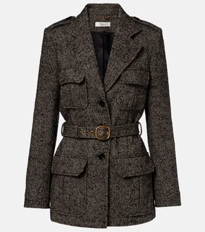 Chloé Belted Herringbone Wool-blend Jacket In Multi