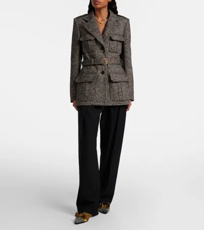 Chloé Belted Herringbone Wool-blend Jacket In Multi
