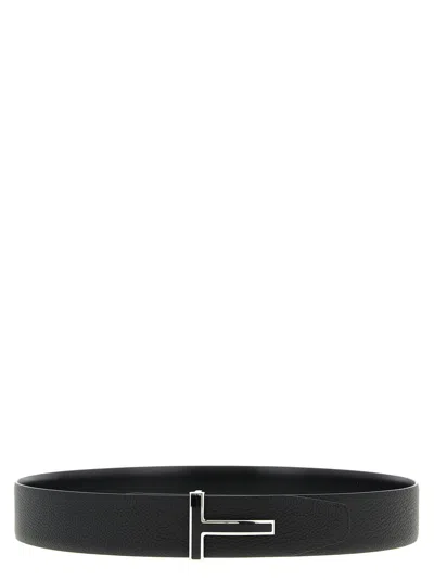 Tom Ford Dark Brown Reversible Textured Silver Buckle Belt In Black