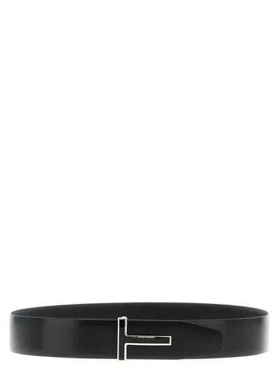 Tom Ford Dark Brown Reversible Textured Silver Buckle Belt In Black