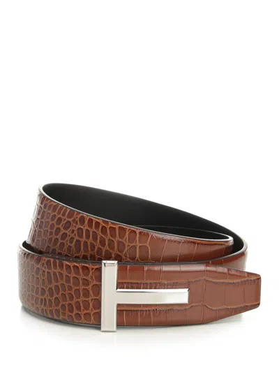 Tom Ford Shiny Printed Croc Reversible T Belt 40 Mm Belts Brown In Brown