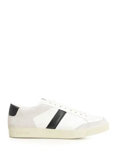 Tom Ford Panelled Suede And Grained Leather Sneakers In White