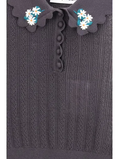 Self-portrait Cropped Top With A Scalloped Collar With Floral Embroidery In Gray