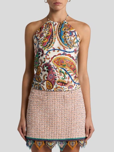 Etro Women Silk Top With American Neckline And Floral Paisley Pattern In Multi