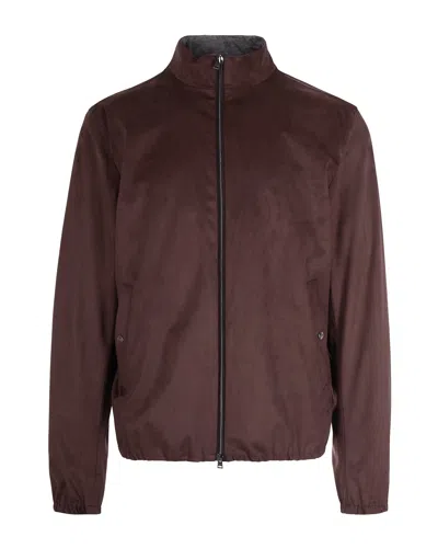 Herno Suede-texture Brown Casual Jacket With High Collar In Brown