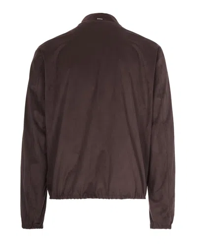 Herno Suede-texture Brown Casual Jacket With High Collar In Brown