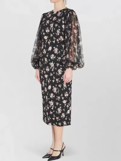 Dolce & Gabbana Women Black Dress With Round Neckline And All-over Floral Motif In Silk Blend Woman In Black