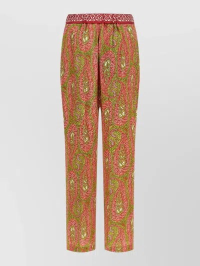 Etro Paisley Foliage Trousers Contrasting Waistband Straight Leg In Multi