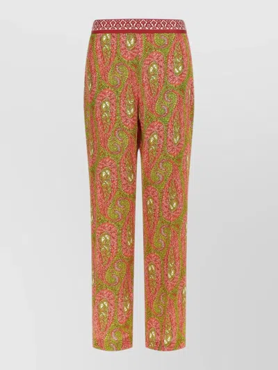 Etro Paisley Foliage Trousers Contrasting Waistband Straight Leg In Multi