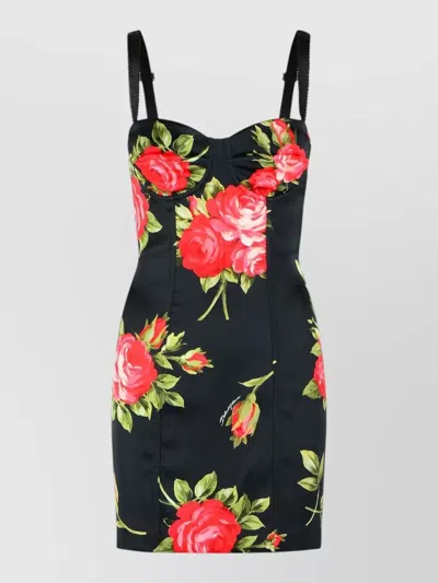 Dolce & Gabbana Black Short Dress With Floral Print In Viscose Woman In Black