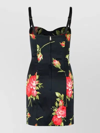 Dolce & Gabbana Black Short Dress With Floral Print In Viscose Woman In Black