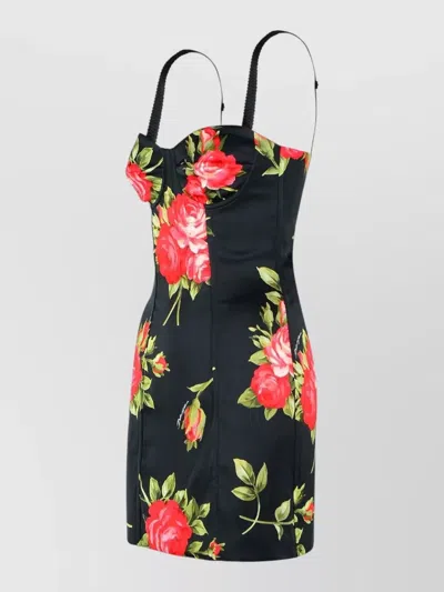Dolce & Gabbana Black Short Dress With Floral Print In Viscose Woman In Black