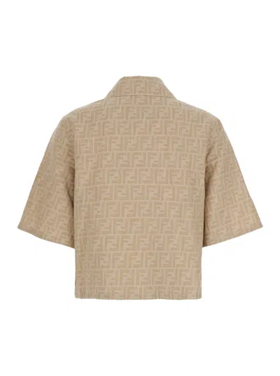 Fendi Women Beige Shirt With Classic Collar And Front Zip Closure In Chambray Ff Woman In Neutral
