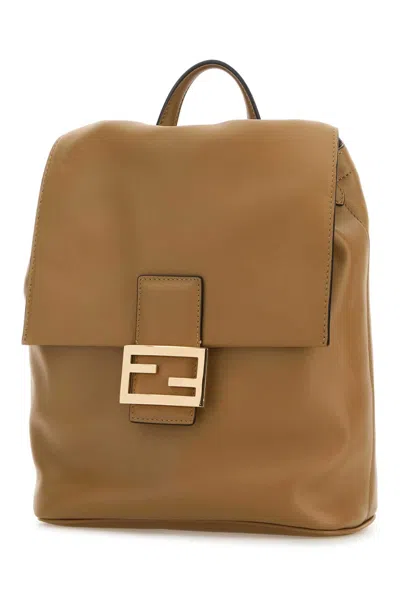 Fendi Ff Clasp Leather Backpack Medium Size In Brown