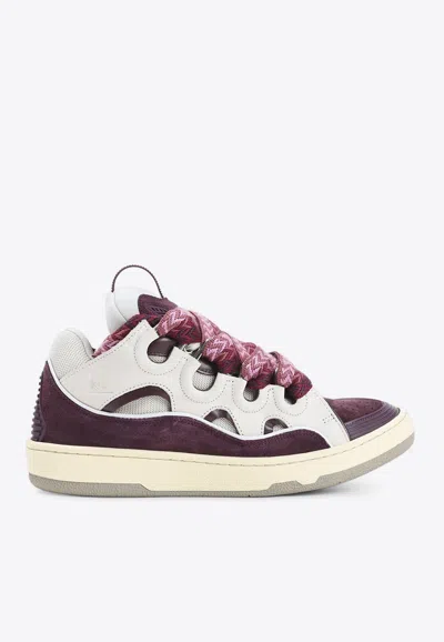 Lanvin Curb Leather And Fabric Sneakers In Beige And Burgundy In Burgundy