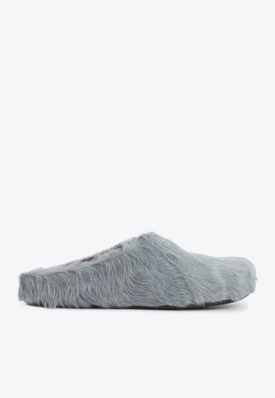 Marni Aquamarine Long Hair Calfskin Fussbett Sabot In Gray