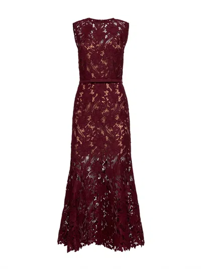 Self-portrait Fitted Guipure Lace Midi Dress With Removable Belt In Red