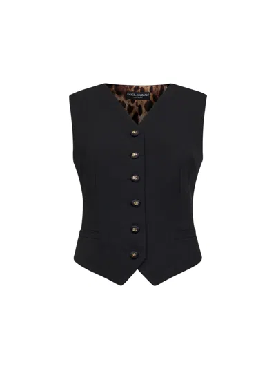 Dolce & Gabbana Black Stretch Wool Vest With Leopard-print Back In Black