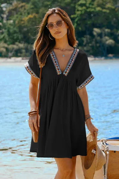 Cupshe Black Plunging Short Sleeve Mini Dress