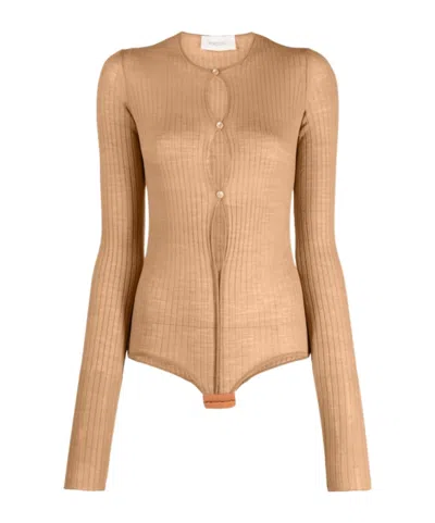 Sportmax Ribbed Slim Fit Bodysuit With Button Closure In Brown