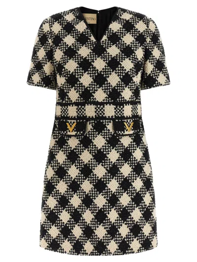 Valentino Vgold Checked Tweed Minidress In Black