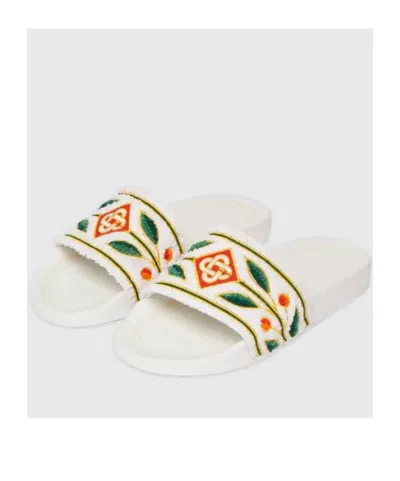 Casablanca Terry Slider Sandals Embroidered Strap Flat In White