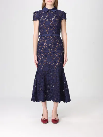 Self-portrait Guipure Blue Long Dress With Lace Design And Adjustable Waist Belt In Fabric Woman