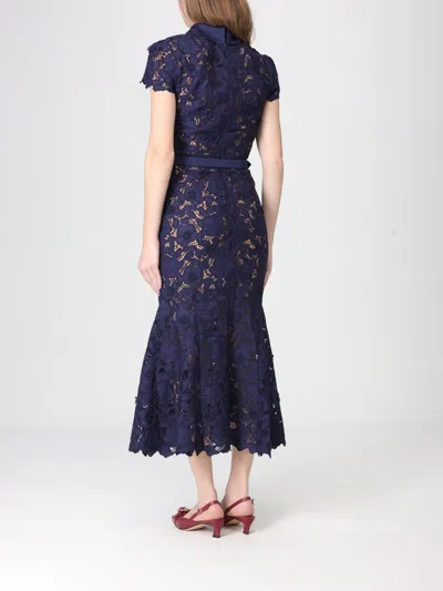 Self-portrait Guipure Blue Long Dress With Lace Design And Adjustable Waist Belt In Fabric Woman