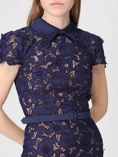 Self-portrait Guipure Blue Long Dress With Lace Design And Adjustable Waist Belt In Fabric Woman