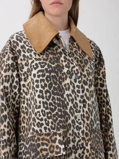 Ganni Leopard Printed Canvas Midi Puffer Jackets Brown In Brown