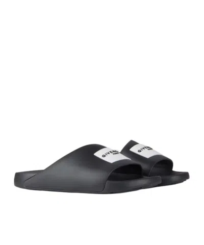 Givenchy Black Sandals With Wide Band And Contrasting Logo Patch In Rubber Man