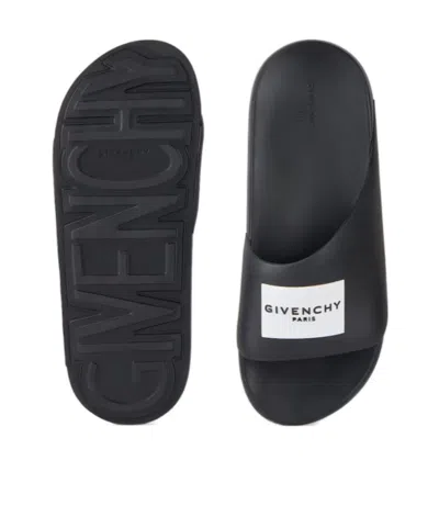 Givenchy Black Sandals With Wide Band And Contrasting Logo Patch In Rubber Man