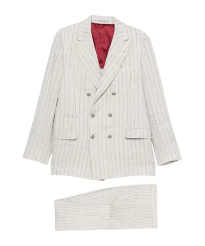 Brunello Cucinelli Striped Linen Double-breasted Suit Jacket In Neutral