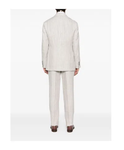 Brunello Cucinelli Striped Linen Double-breasted Suit Jacket In Neutral