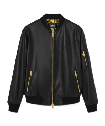 Versace Leather Bomber Jacket In Black