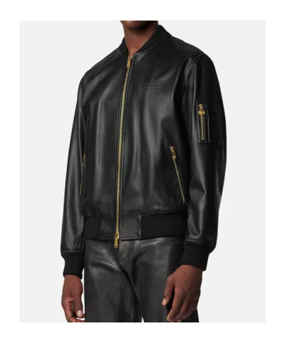 Versace Leather Bomber Jacket In Black