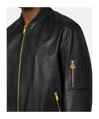 Versace Leather Bomber Jacket In Black