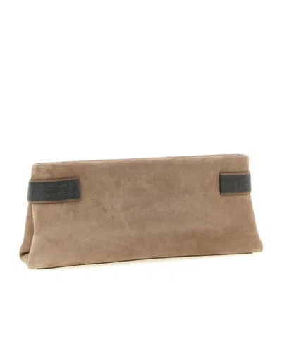 Brunello Cucinelli Essence Rectangular Suede Pouch Top Handle In Brown