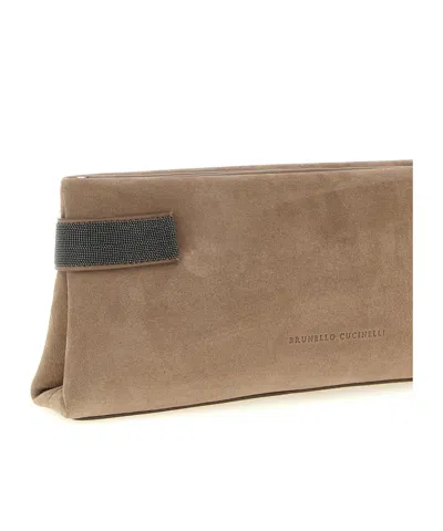 Brunello Cucinelli Essence Rectangular Suede Pouch Top Handle In Brown