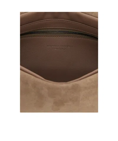 Brunello Cucinelli Essence Rectangular Suede Pouch Top Handle In Brown