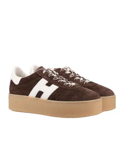 Hogan Chocolate Brown Suede Platform Sneakers With Lace-up Closure And H Logo Detail