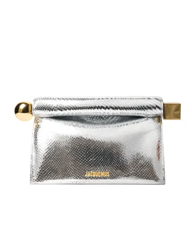 Jacquemus Structured Lizard Effect Clutch Bag Top Handle In White