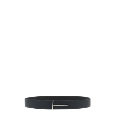 Tom Ford Dark Brown Reversible Textured Silver Buckle Belt In Black