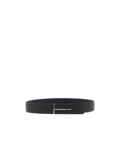 Tom Ford Dark Brown Reversible Textured Silver Buckle Belt In Black