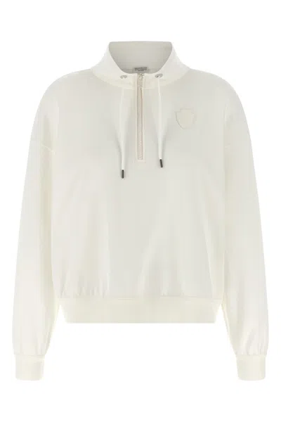 Brunello Cucinelli Cotton High Neck Sweater Drawstring Collar In White