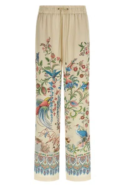 Etro Women White Pants With Elastic Drawstring Waist And All-over Floral Print In Tech Fabric Woman In Multi
