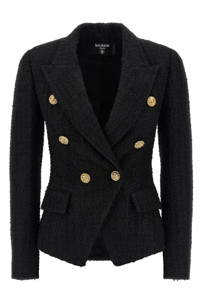 Balmain Wool Blazer With Flap Pockets And Gold-tone Buttons In Blue