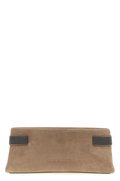 Brunello Cucinelli Essence Rectangular Suede Pouch Top Handle In Brown