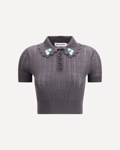 Self-portrait Cropped Top With A Scalloped Collar With Floral Embroidery In Gray