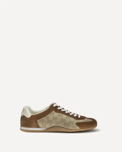 Gucci Shift Suede Sneakers With Gg Supreme Fabric Inserts In Brown